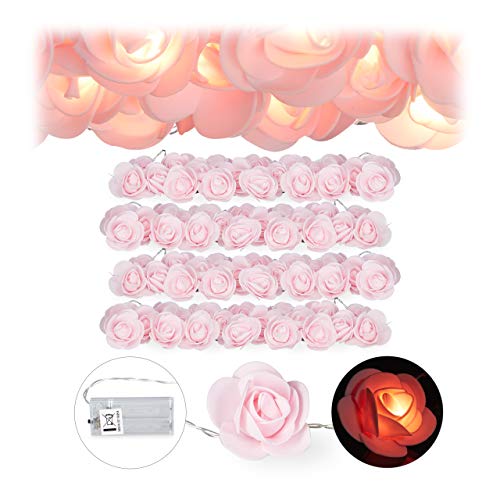 4 x Rosen Lichterkette, 20er LED Lichterkette Batterie, Hochzeit, Verlobung & Valentinstag, warmweiß, Deko, rosa von Relaxdays