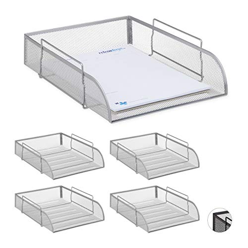 5 x stapelbare Dokumentenablage, Büro Briefablage aus Metall für DIN A4, Schreibtischablage BxT 26x33,5 cm, silber von Relaxdays