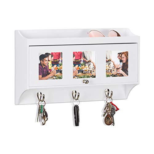 Relaxdays, weiß Wandgarderobe mit Bilderrahmen, 3 Metallhaken, magnetisch schließendes Fach, Ablage, Holz, HBT 25x43x9cm, Standard Relaxdays, weiß Wandgarderobe mit Bilderrahmen, 3 Metallhaken, magnetisch schließendes Fach, Ablage, Holz, HBT 25x43x9cm, Standard von Relaxdays