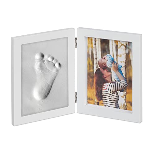 Relaxdays 1 x Babybilderrahmen mit Gipsabdruck, Set für Handabdruck oder Fußabdruck, DIY Babyabdruck, mit Modelliermasse, weiß von Relaxdays