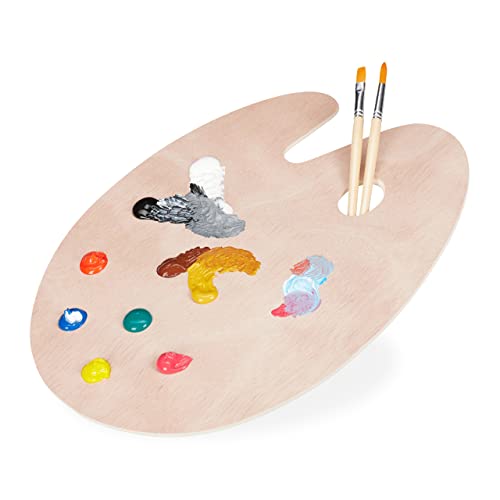 1 x Mischpalette Holz, Künstler, Acryl-, Aquarell- & Wasserfarben, mit Griffloch, BxT 40x30 cm, Malpalette, Natur von Relaxdays