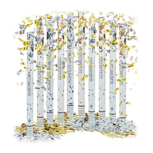 Relaxdays 10 x Party Popper 80 cm im Konfettikanonen Set, Konfetti Bombe für Hochzeit und Geburtstag, Konfetti Shooter 6-8 m Effekthöhe, Gold/Silber metallic von Relaxdays