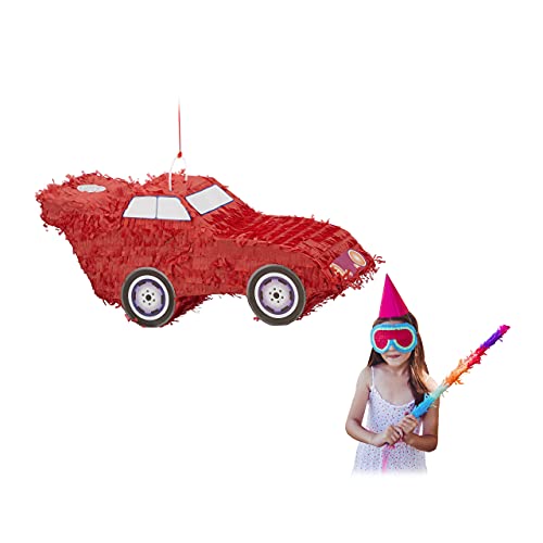 Relaxdays 10022565 Pinata Auto, zum Aufhängen, Kinder, Jungs, Geburtstag, zum Befüllen, Partyspiel, HxBxT: 24 x 52 x 18 cm, rot von Relaxdays