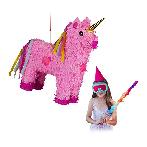 Relaxdays 10024662 Pinata Einhorn, zum Aufhängen, Kinder, Mädchen, Geburtstag, zum Befüllen, HxBxT: 47 x 43 x 13 cm, rosa-pink von Relaxdays