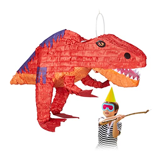 Relaxdays 2 x Dinopinata, zum Aufhängen, Kinder, Mädchen & Jungs, Geburtstag, zum Befüllen, Papier, Pinata Dinosaurier, rot von Relaxdays