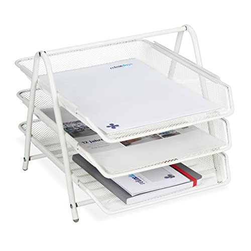 2 x Dokumentenablage Metall, 3 Fächer, Gitter Design, Büro, für A4, Briefablage, HBT: 26,5 x 29,5 x 35,5 cm, weiß von Relaxdays