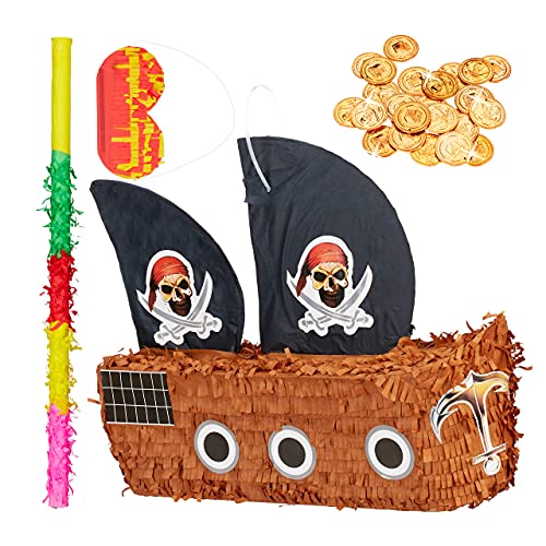 Relaxdays 291 TLG. Pinata Set Piratenschiff, Pinatastab & Augenbinde, 288 Goldtaler, Piraten Piñata, Stab mit Augenmaske, bunt von Relaxdays