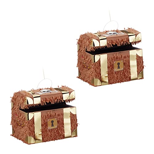 Relaxdays 2er Set Pinata Schatzkiste, zum Aufhängen, Kinder, Mädchen, Jungs, Geburtstag, Befüllen, HxBxT: 27 x 30 x 23 cm, braun von Relaxdays