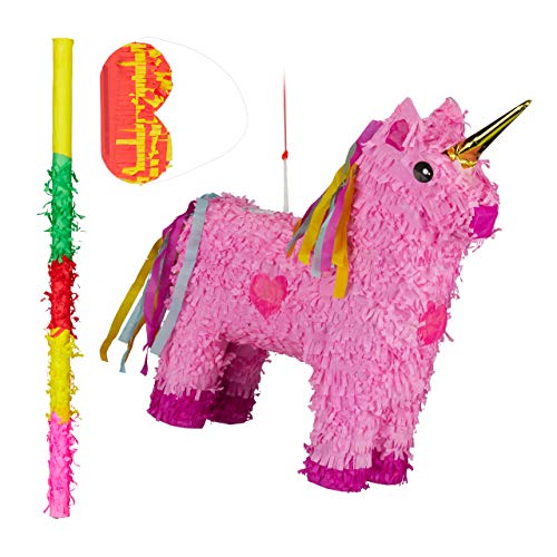 Relaxdays 3 TLG. Pinata Set Einhorn, mit Pinata Stab und Maske, Mädchen, Geburtstag, Unicorn Piñata zum selbst Befüllen, rosa-pink von Relaxdays