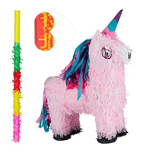 Relaxdays 3 TLG. Pinata Set Einhorn, mit Pinata Stab und Maske, Mädchen, Geburtstag, Unicorn Piñata zum selbst Befüllen, rosa-pink von Relaxdays