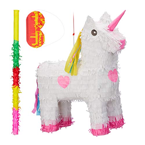 Relaxdays 3 TLG. Pinata Set Einhorn, mit Pinata Stab und Maske, Mädchen, Geburtstag, Unicorn Piñata zum selbst Befüllen, weiß-rosa von Relaxdays