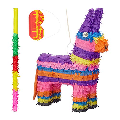Relaxdays 3 TLG. Pinata Set Esel, mit Pinata Stab und Augenmaske, für Kinder, Geburtstag, zum selbst Befüllen, Donkey Piñata, bunt von Relaxdays
