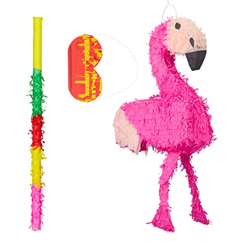 Relaxdays 3 TLG. Pinata Set Flamingo, mit Pinata Stab und Augenmaske, für Kinder, Geburtstag, zum selbst Befüllen, Piñata, bunt von Relaxdays