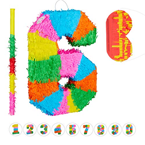 Relaxdays 3 TLG. Pinata Set Geburtstag, Zahl 6, Pinatastab mit Augenmaske, Kinder & Erwachsene, Piñata zum selbst Befüllen, bunt von Relaxdays