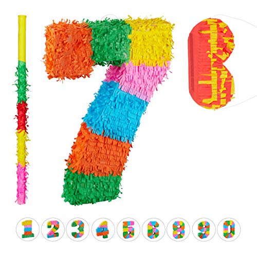 Relaxdays 3 TLG. Pinata Set Geburtstag, Zahl 7, Pinatastab mit Augenmaske, Kinder & Erwachsene, Piñata zum selbst Befüllen, bunt von Relaxdays