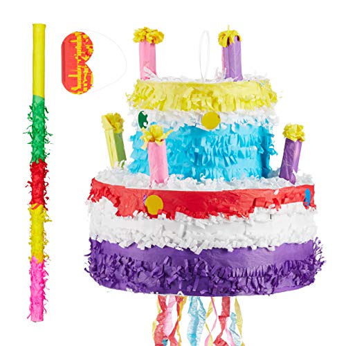 Relaxdays 3 TLG. Pinata Set Geburtstag Torte, Pinatastab mit Augenmaske, für Kinder, Stock & Augenbinde, Piñata ungefüllt, bunt von Relaxdays