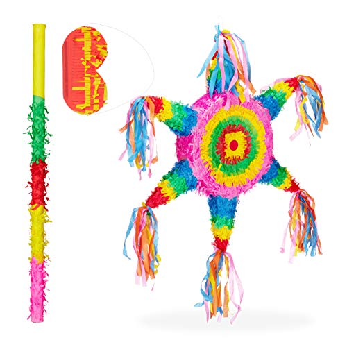 Relaxdays 3 TLG. Pinata Set Stern, Pinatastab mit Augenmaske, für Kinder, Stock & Augenbinde, zum selbst befüllen, Piñata, bunt von Relaxdays