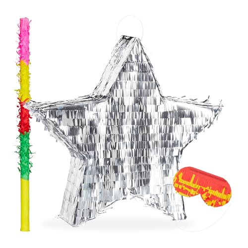 Relaxdays 3 TLG. Pinata Set Stern, zum Aufhängen, mit Pinatastab und Maske, für Kinder, Papier Piñata zum selbst Befüllen, Silber von Relaxdays