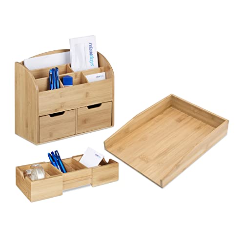 Relaxdays 3 TLG. Schreibtisch-Organizer Set Bambus, Karteikasten zum Ausziehen, Stehsammler mit 2 Schubladen, Briefablage, Natur von Relaxdays