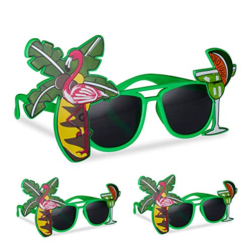 Relaxdays 3x Partybrille Hawaii, lustige Sonnenbrille mit Palme u. Cocktail, Gagbrille Flamingo, Spaßbrille Karneval, grün von Relaxdays