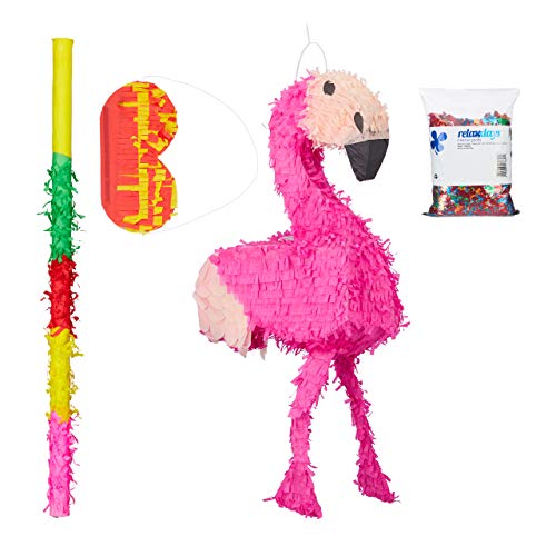 Relaxdays 4 TLG. Pinata Set Flamingo, XXL Sack Metallic Konfetti zum Befüllen, Pinatastock & Augenmaske, Kinder Pinata, pink von Relaxdays