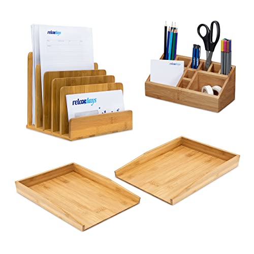Relaxdays 4 teiliges Schreibtisch Set, aus Bambus, 2 Briefablagen für A4, Schreibtischorganizer, Dokumentenhalter stehend, natur von Relaxdays