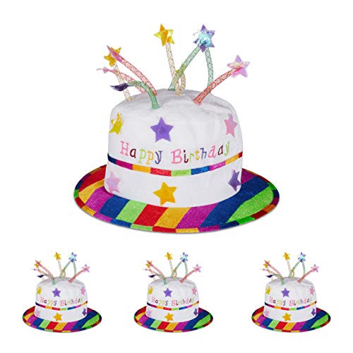 Relaxdays 4 x Happy Birthday Hut Torte, Geburtstagshut mit Kerzen, Partyhut Geburtstagstorte, Plüschhut Party, weiß & bunt von Relaxdays