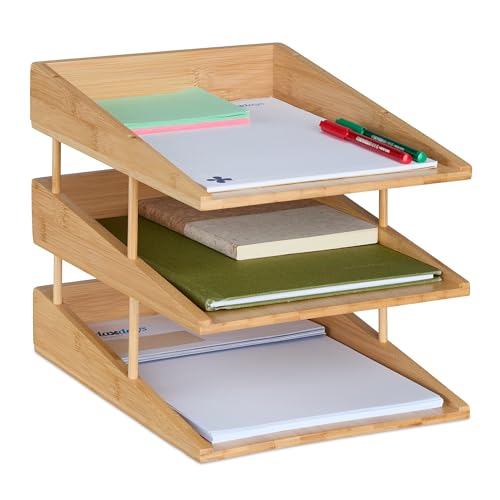 Relaxdays Briefablage, 3 Fächer, aus Bambus, DIN A4 Größe, stapelbare Dokumentenablage, für Schreibtisch und Büro, natur von Relaxdays
