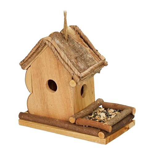 Relaxdays Deko Vogelhaus mit Futterstelle, Holz, Vogelhäuschen zum Aufhängen, HBT: 21x21x12,5 cm, Garten, Balkon, Natur von Relaxdays