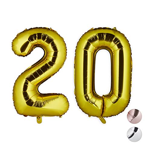 Relaxdays Folienballon 20, Deko für Geburtstag, Jubiläum, Hochzeitstag, 85-100 cm, XXL Zahlen Luftballon, Gold, H x B x T: ca. 85 x 50 x 17 cm von Relaxdays