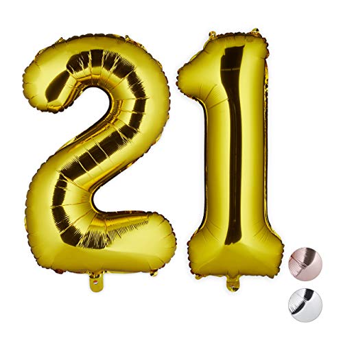 Relaxdays Folienballon Zahl, Dekoballon für 21. Geburtstag, Ösen zum Aufhängen, XXL Zahlenballon, 85-100 cm, Gold, H x B x T: ca. 85 x 50 x 17 cm von Relaxdays