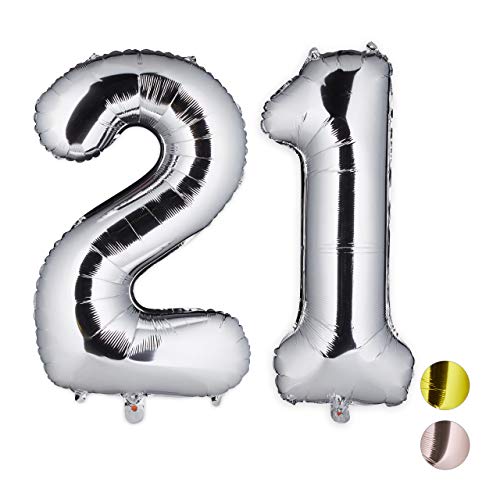 Relaxdays Folienballon Zahl, Dekoballon für 21. Geburtstag, Ösen zum Aufhängen, XXL Zahlenballon, 85-100cm, Silber, H x B x T: ca. 85 x 50 x 17 cm von Relaxdays