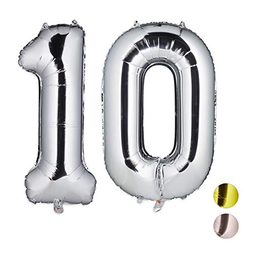 Relaxdays Folienballon Zahl 10, Riesenballon zum Geburtstag, Deko, Zahlenballon für Luft & Helium, 85-100 cm, Silber, H x B x T: ca. 85 x 50 x 17 cm von Relaxdays