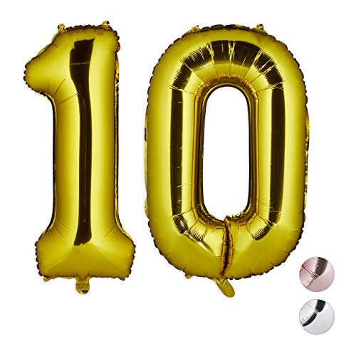 Relaxdays Folienballon Zahl 10, Riesenballon zum Geburtstag, Dekoballon, Zahlenballon für Luft & Helium, 85-100 cm, Gold von Relaxdays