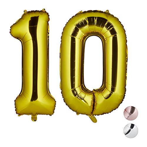 Relaxdays Folienballon Zahl 10, Riesenballon zum Geburtstag, Dekoballon, Zahlenballon für Luft & Helium, 85-100 cm, Gold, H x B x T: ca. 85 x 50 x 17 cm von Relaxdays