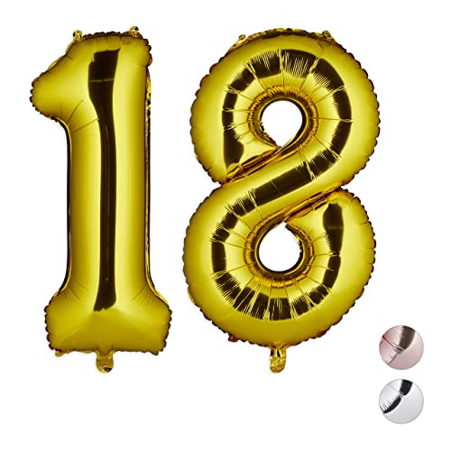 Relaxdays Folienballon Zahl, Party Deko für 18. Geburtstag, XXL Riesenluftballon für Luft & Helium, 85-100cm, Gold, H x B x T: ca. 85 x 50 x 17 cm von Relaxdays