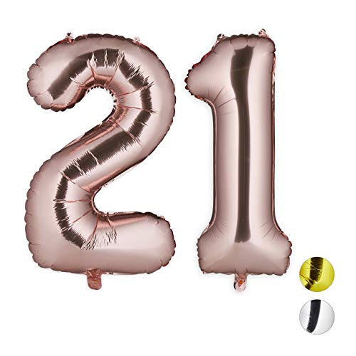 Relaxdays Folienballon Zahl, Dekoballon für 21. Geburtstag, Ösen zum Aufhängen, XXL Zahlenballon, 85-100cm, roségold, H x B x T: ca. 85 x 50 x 17 cm von Relaxdays