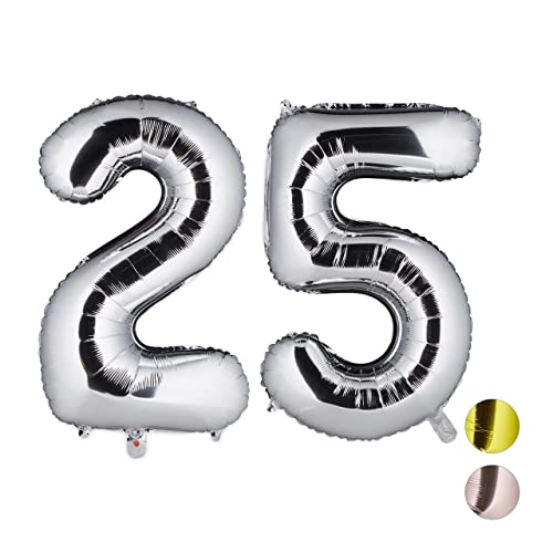 Relaxdays Folienballon Zahl 25, Dekoballon für Geburtstag, Jubiläum, Silberhochzeit, 85-100 cm, XXL Riesenballon, Silber, H x B x T: ca. 85 x 50 x 17 cm von Relaxdays