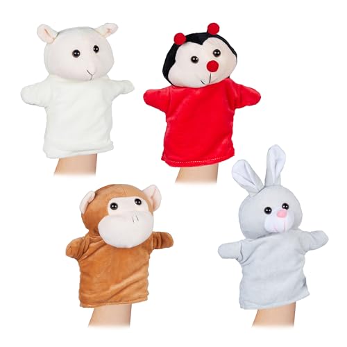 Relaxdays Handpuppen für Kinder, 4er Set, AFFE, Hase, Marienkäfer, Schaf, Handspielpuppen, weicher Plüschstoff, bunt von Relaxdays