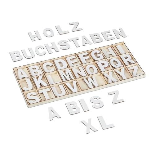 Relaxdays Holzbuchstaben Set, 104-teilig, Großbuchstaben A-Z, 5 cm hoch, XL Buchstaben zum Basteln, Deko Alphabet, weiß von Relaxdays