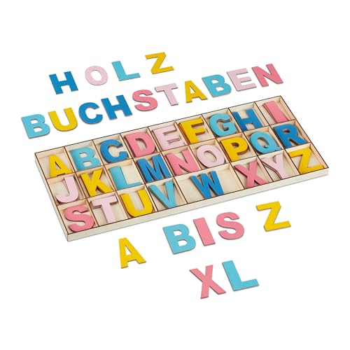 Relaxdays Holzbuchstaben Set, 104-teilig, Großbuchstaben A-Z, 5 cm hoch, XL Buchstaben zum Basteln, Deko Alphabet, bunt von Relaxdays