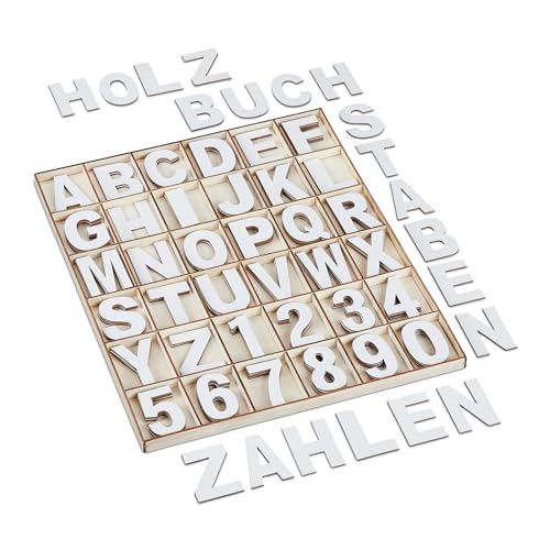 Relaxdays Holzbuchstaben & Holzzahlen, 144-tlg. Set, Großbuchstaben A-Z, Zahlen 0-9, 5 cm, Holzdeko zum Basteln, weiß von Relaxdays