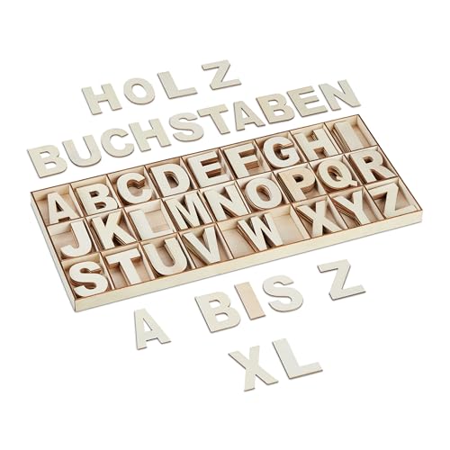 Relaxdays Holzbuchstaben Set, 208-tlg, Großbuchstaben A-Z, Deko-Buchstaben zum Basteln & Bemalen, mit Box, Natur von Relaxdays