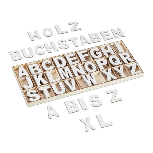 Relaxdays Holzbuchstaben Set, 208-tlg, Großbuchstaben A-Z, Deko-Buchstaben zum Basteln & Bemalen, mit Box, weiß von Relaxdays