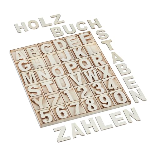 Relaxdays Holzbuchstaben & Holzzahlen, 144-tlg. Set, Großbuchstaben A-Z, Zahlen 0-9, 5 cm, Holzdeko zum Basteln, Natur von Relaxdays