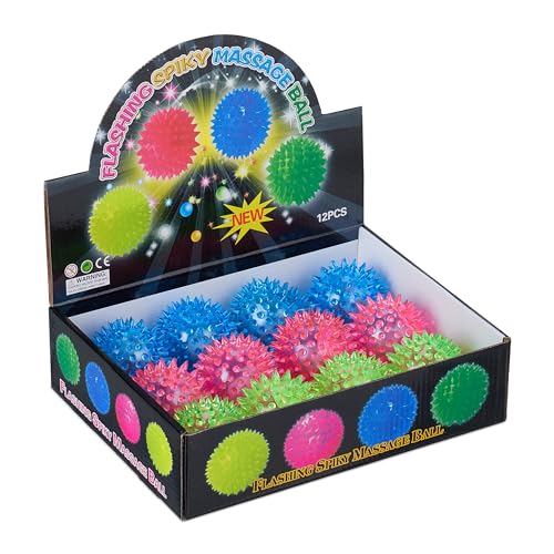 Relaxdays Igelball, 12er Set, blinkende Leuchtbälle in 3 Farben, mit Noppen, LED Flummis für Kinder, Ø 6,5 cm, bunt von Relaxdays