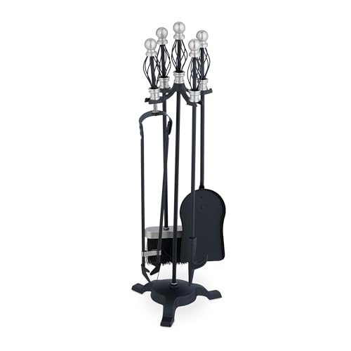 Relaxdays Kaminbesteck, 5-teiliges Set, Schürhaken, Ascheschaufel, Besen, Zange & Ständer, Kamingarnitur, schwarz/Silber Relaxdays Kaminbesteck, 5-teiliges Set, Schürhaken, Ascheschaufel, Besen, Zange & Ständer, Kamingarnitur, schwarz/Silber von Relaxdays