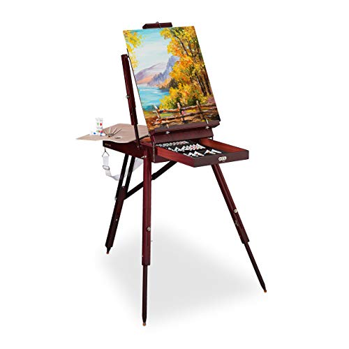 Relaxdays Kofferstaffelei Holz, 35-TLG, inkl. Pinsel Set, Mischpalette, Leinwand, Wasser, Öl-und Acrylfarben, braun, 1 Stück von Relaxdays