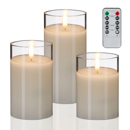 Relaxdays LED Kerzen im Glas, 3er Set, Fernbedienung, Timer & flackernde Flamme, Echtwachs, Windlichter flammenlos, weiß von Relaxdays