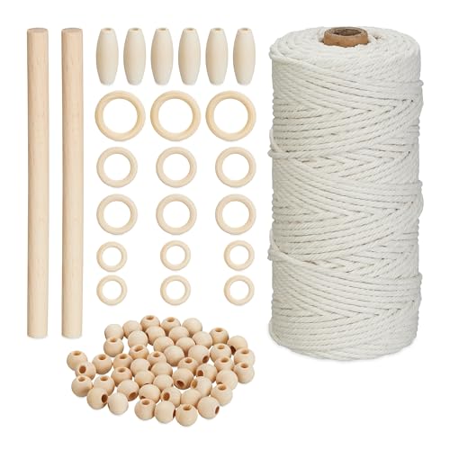 Relaxdays Makramee Set, 73-TLG. Bastelset mit Holzperlen & Holzringen, 109 m Baumwollgarn 3mm, für Anfänger, weiß/Natur Relaxdays Makramee Set, 73-TLG. Bastelset mit Holzperlen & Holzringen, 109 m Baumwollgarn 3mm, für Anfänger, weiß/Natur von Relaxdays